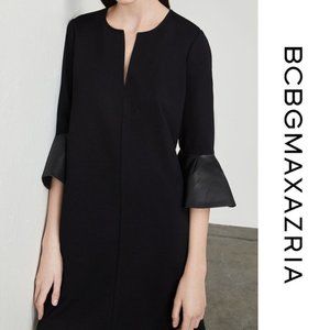 BCBGMaxAzria Catier Dress Quarter Sleeve Faux-Leather Trim Midi Black Size XS